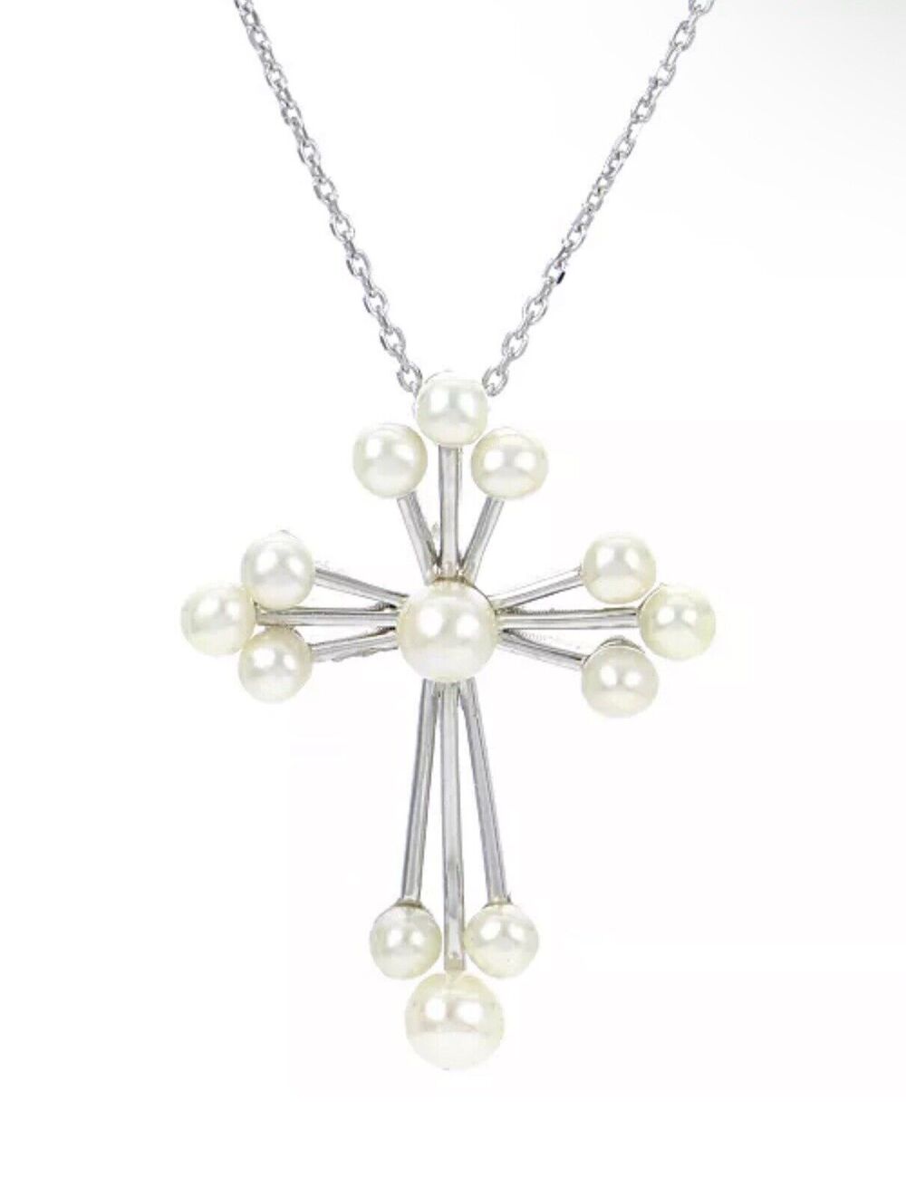 Pearl Cross Necklace Sterling Silver (3-4.5mm) Pendant Faith Stunning Intricate